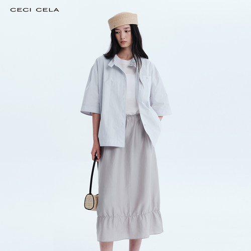 CECICELA无领高支匹马棉短衬衫落肩袖纯棉百搭款中袖休闲风上衣