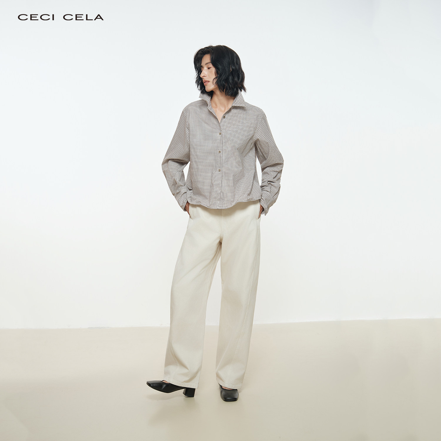 CECI CELA 复古格纹亲肤纯棉可自由造型铝丝塑形短款宽松廓形衬衫