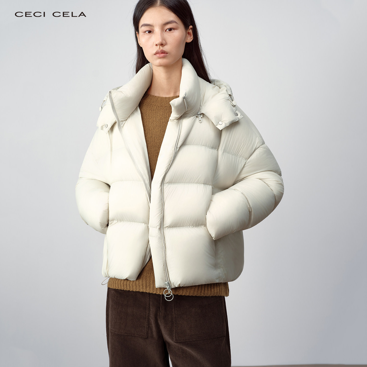 CECICELA 轻盈0压感90白鸭绒方格立领冬季连帽防风保暖羽绒服