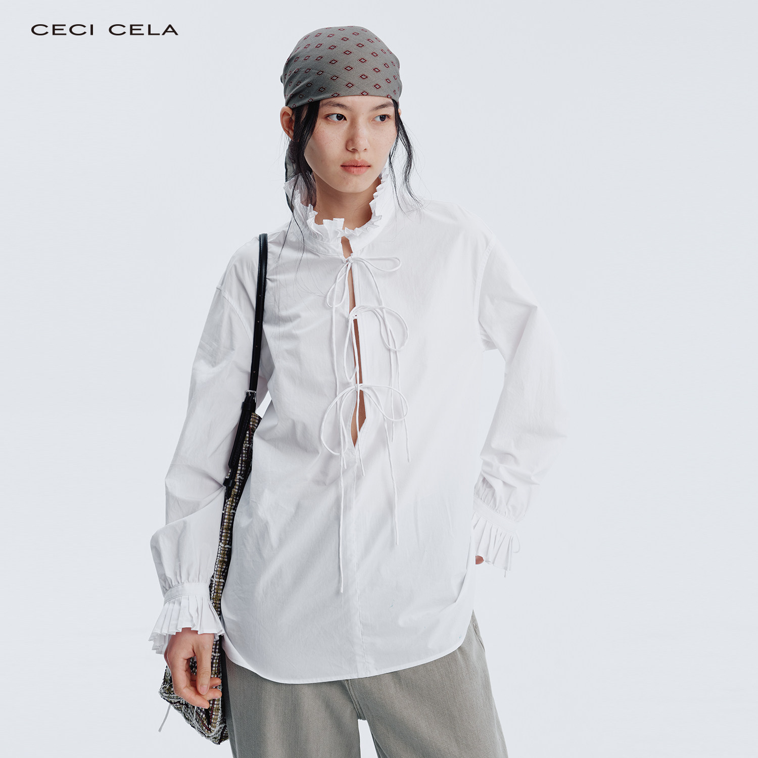 CECICELA木耳边府绸衬衫宽松长袖系带休闲风白色女装高端花边绑带