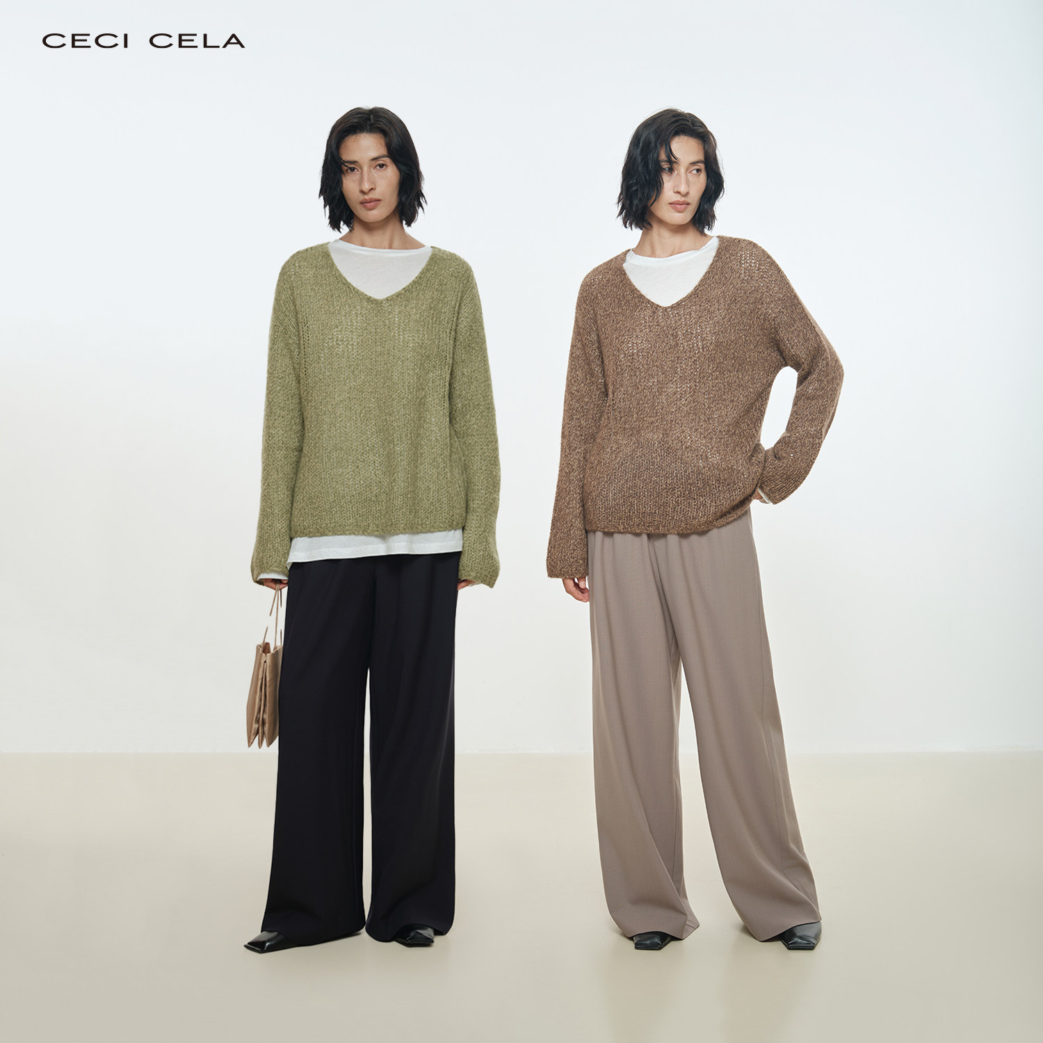 CECI CELA 云朵感真丝羊绒松弛廓形感复古肌理V领毛衣