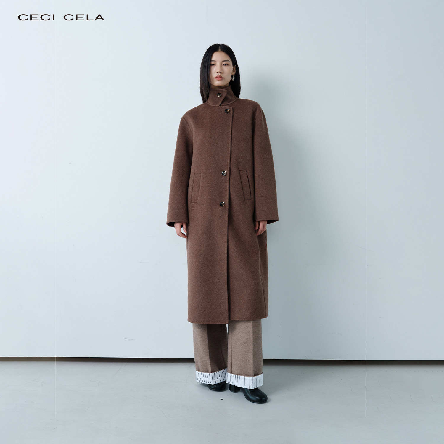 CECICELA 亲肤柔绒感羊毛呢 松弛廓型感翻领显瘦长大衣