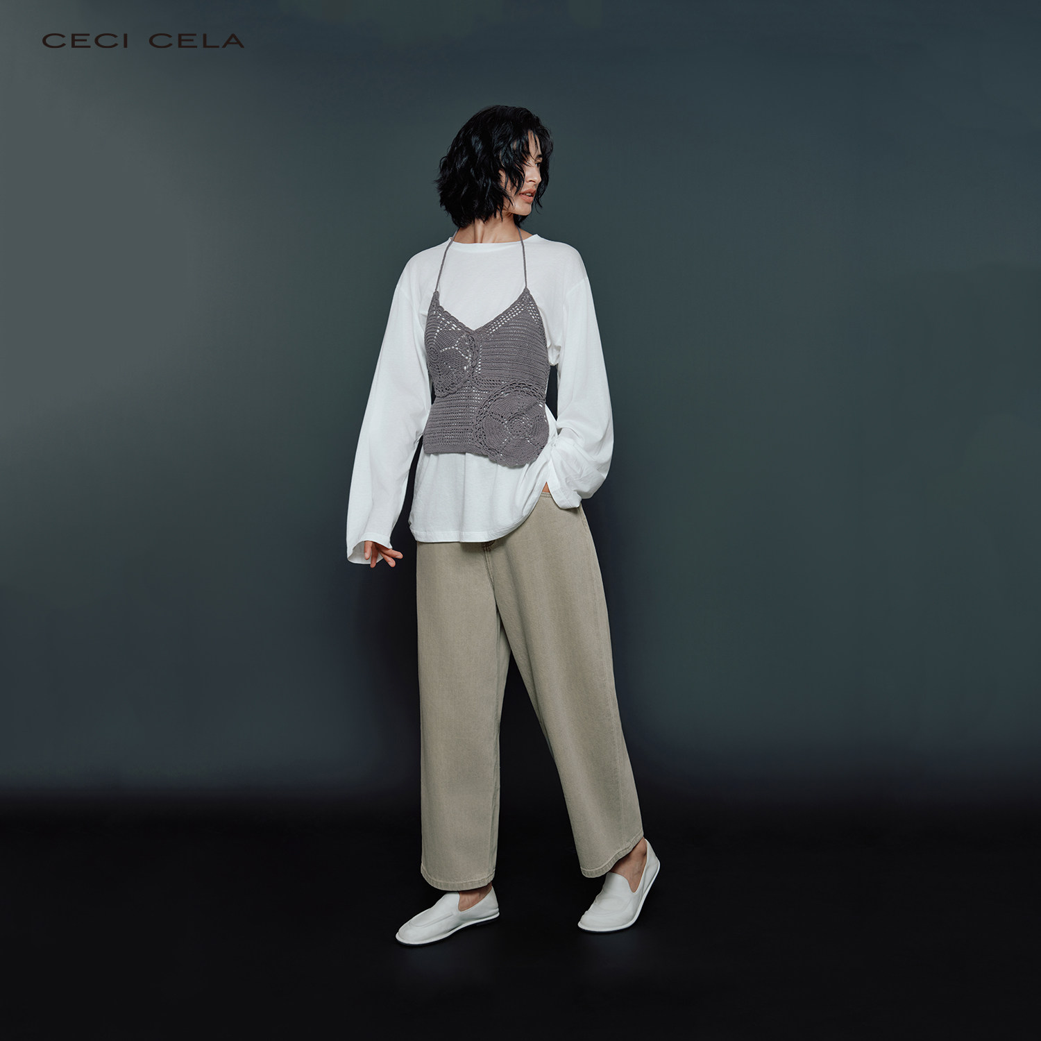 CECI CELA 手工钩针镂空花纹V领细肩带后背绑绳针织背心