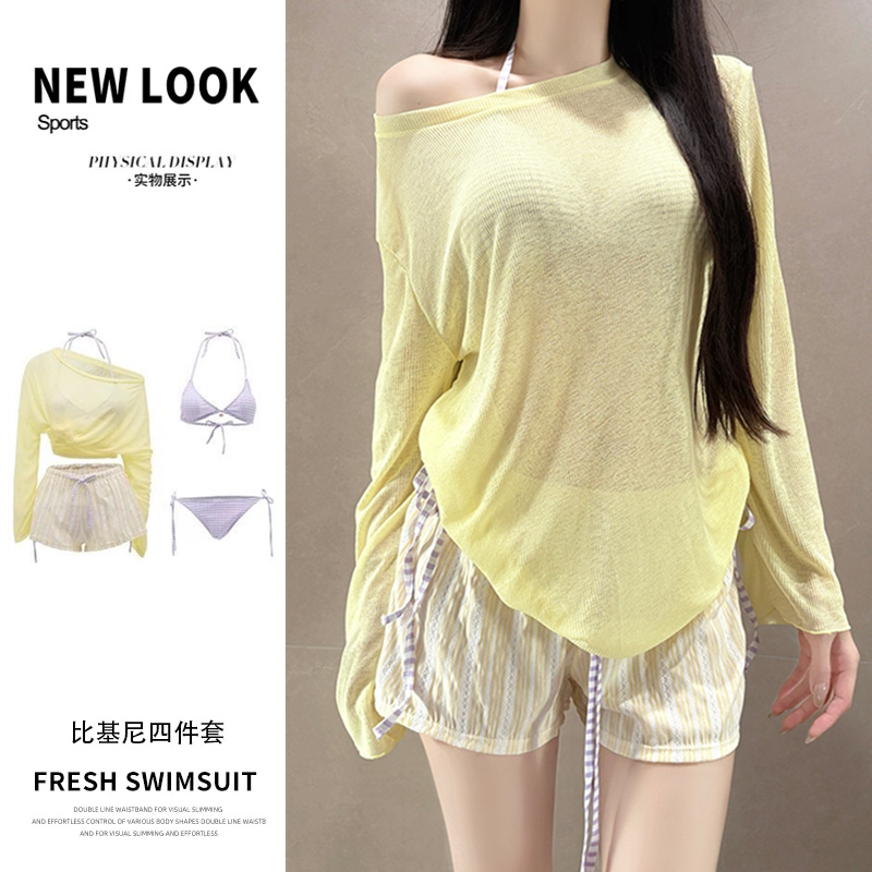 泳衣女比基尼四件套保守长袖罩衫韩版ins森系高颜值沙滩度假泳装