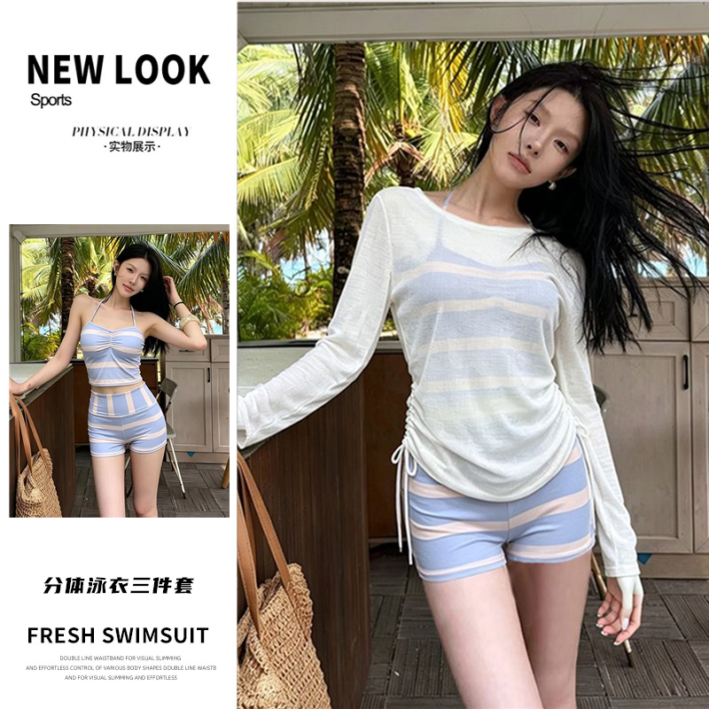 泳衣女分体平角三件套保守显瘦韩版休闲风少女小胸聚拢度假高颜值