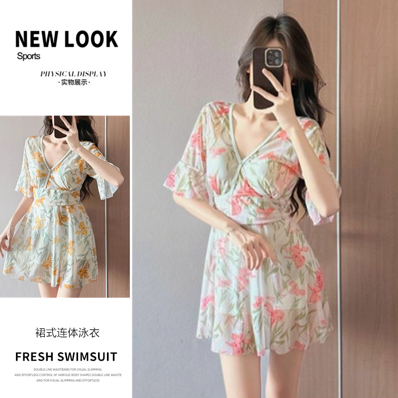 泳衣女裙式连体大码胖MM时尚印花