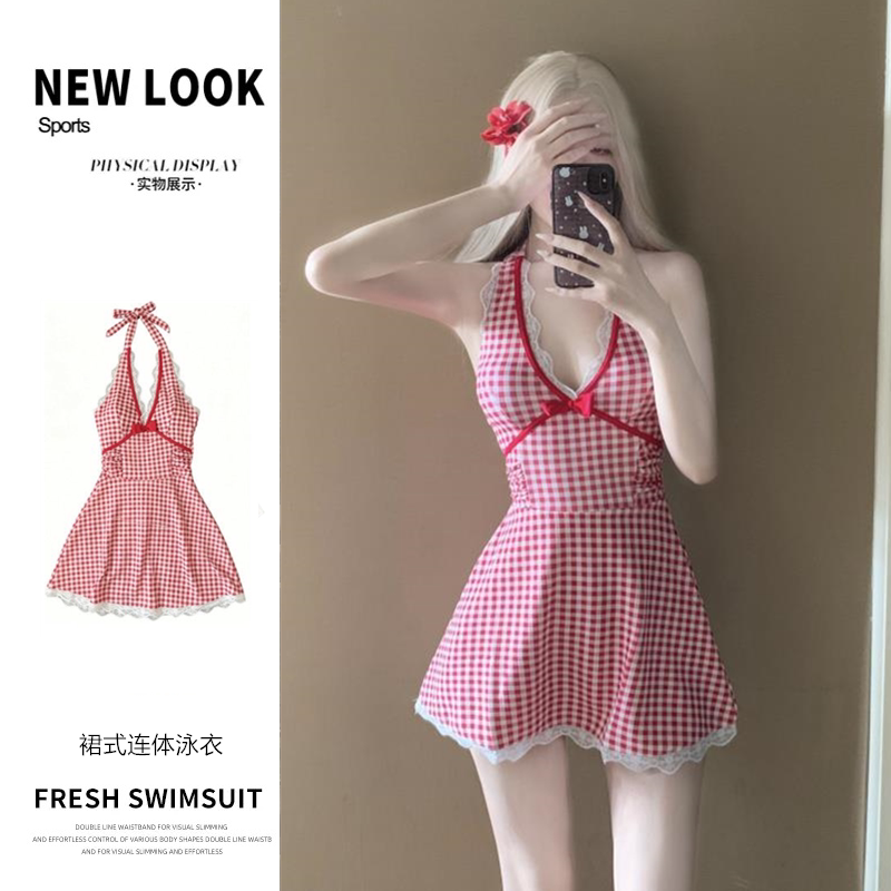 泳衣女裙式连体韩版少女甜美格子