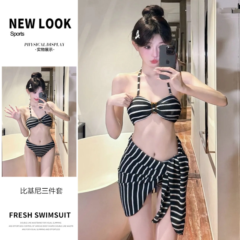 游泳衣女比基尼三件套条纹高级感