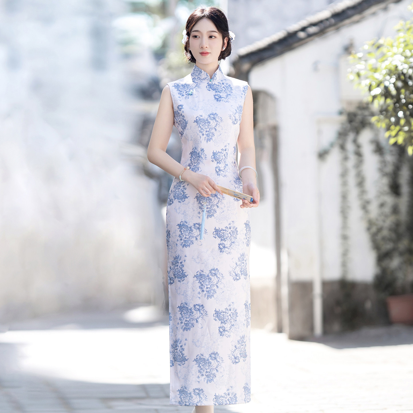 挽苏青花无袖新中式旗袍日常女图片