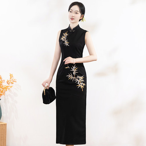 挽苏黑色新中式无袖旗袍女