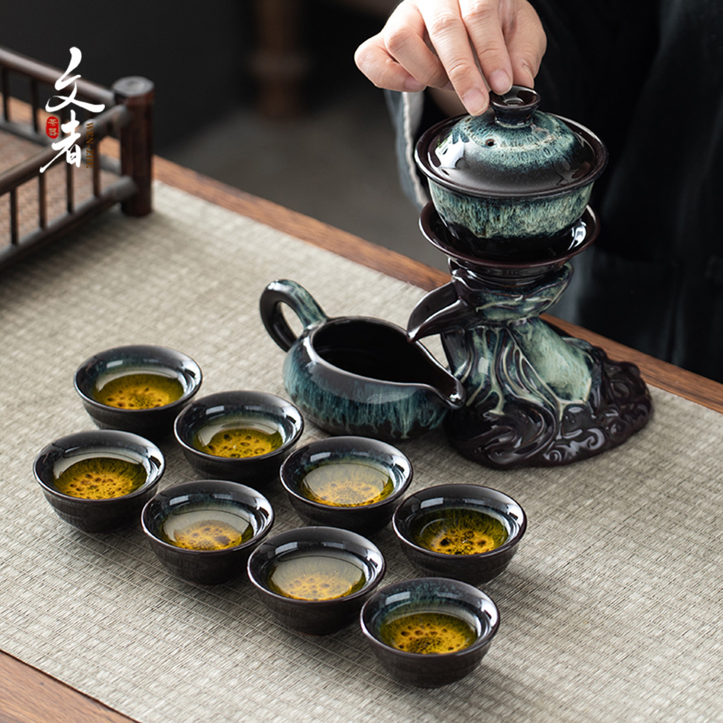 高端懒人茶具套组家用办公室窑变陶瓷旋转出水茶壶全自动泡茶壶杯