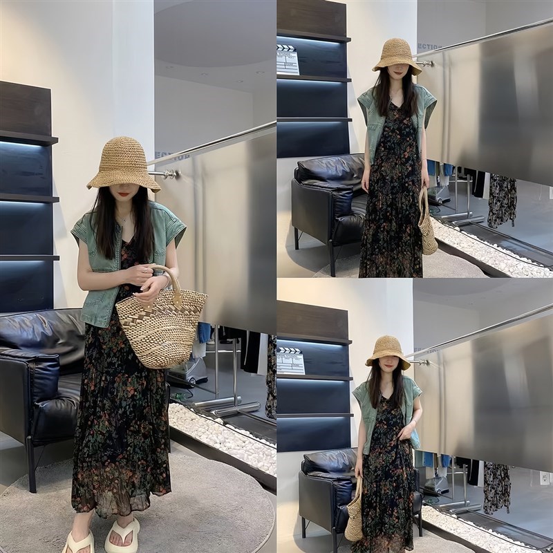 大码女装法式复古碎花吊r带裙夏季新款马甲N开衫外套显瘦长裙两件
