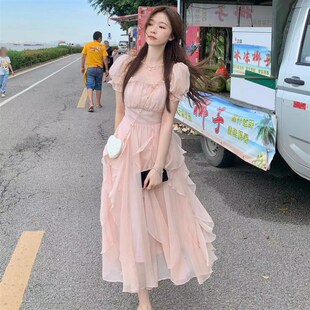 L收腰显瘦仙女风中长裙 法式 方领甜美温柔风连衣裙女夏季 新款 女装
