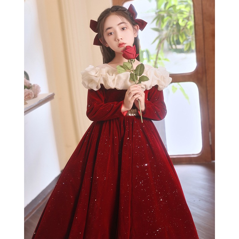 儿童礼服女童秋季红色高端公主z裙花童小女孩主持人钢琴演奏演出