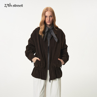 27thstreet 复古深棕色立领百搭抽褶下摆宽松麂皮开衫夹克外套女
