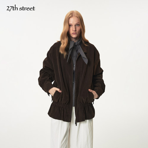 27thstreet 复古深棕色立领百搭抽褶下摆宽松麂皮开衫夹克外套女