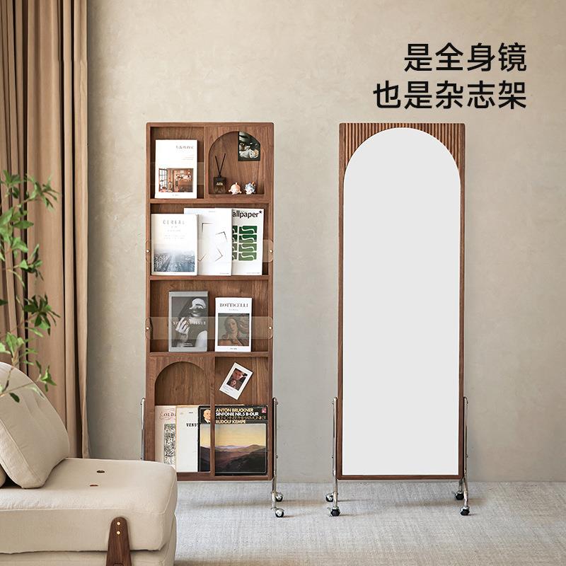 崇匠家具可移动全身镜黑胡桃木穿衣镜落地可旋转复古杂志架家用