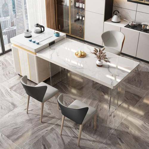 简约现代岛台岩板餐桌办公室办公泡茶桌长方形吃饭桌子亚克力悬浮