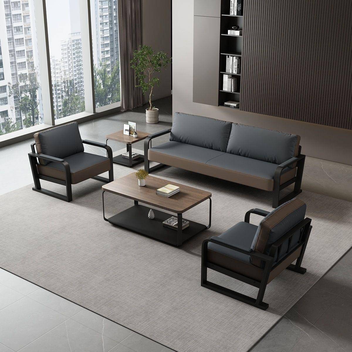 新款现代简约商务接待办公室沙发茶几组合会客区休闲皮艺实用沙发