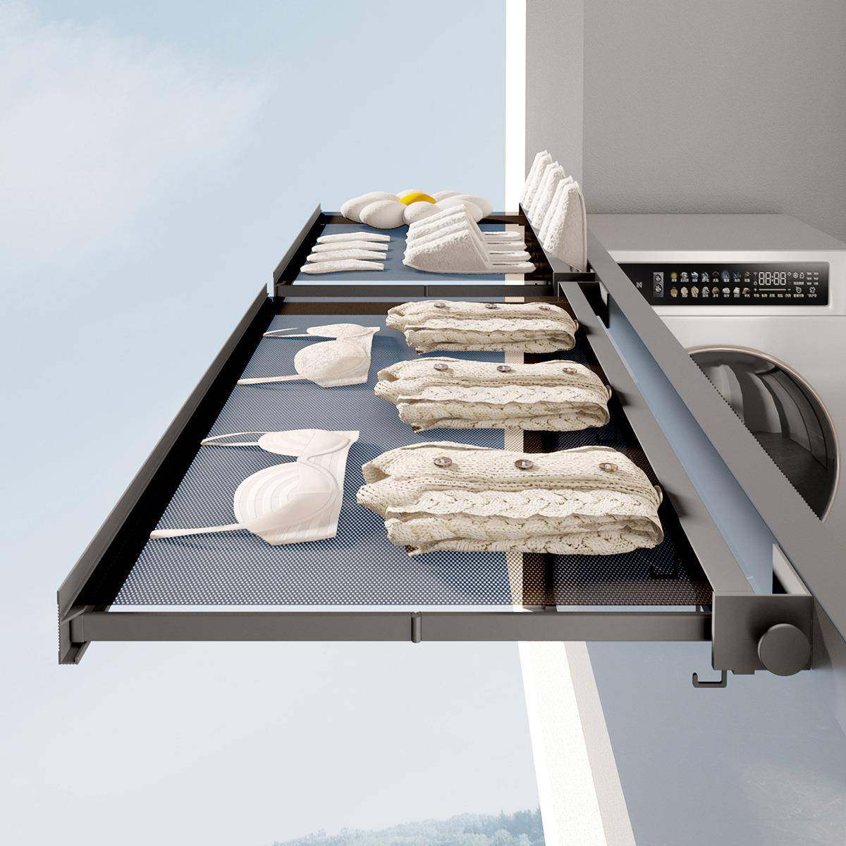 华曼致新款家用晒衣架可伸缩隐形晾晒架折叠晒衣篮晾衣网平铺网