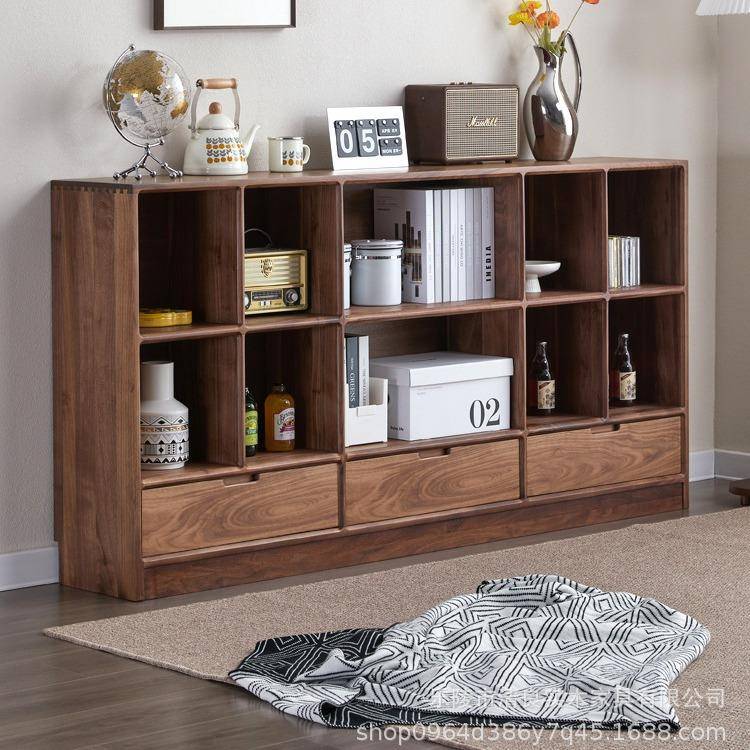北美黑胡桃木书柜日式落地储物书柜简约客厅矮书架实木电视柜书柜