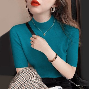 大码 半高领内搭针织衫 女修身 中袖 毛衣五分袖 打底衫 上衣女春秋冬季