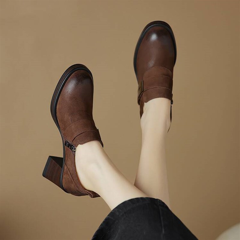 高跟鞋粗跟女单鞋圆头侧拉链深口女D士皮鞋英伦风复古休闲牛皮女