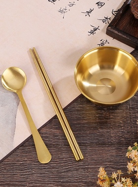 黄铜碗筷勺三件套家用餐具摆件中式家居装饰金属工艺礼品摆饰送人