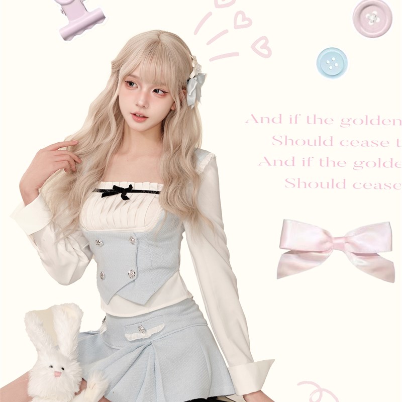 少女椰子 留兰千金 早春穿搭套装2024白色衬衫蓝色马甲蓝色半身裙