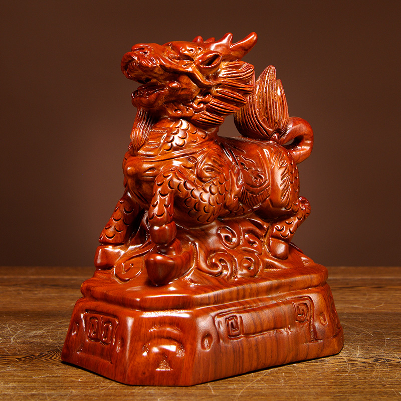 花梨木雕麒麟摆件实木质一对雕刻麒麟工艺品家居客厅玄关装饰摆设