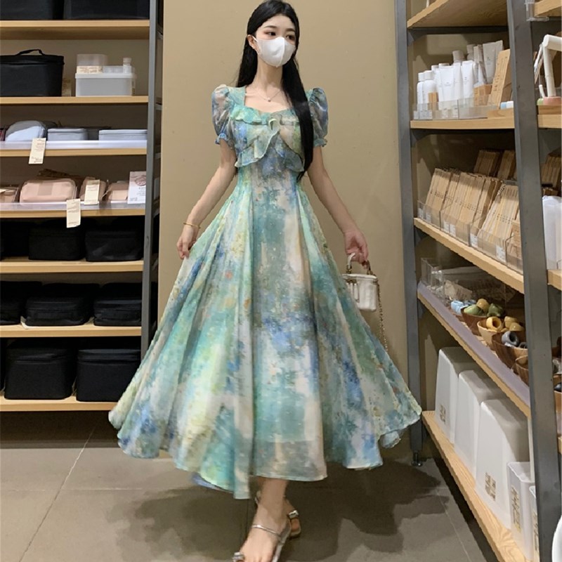 大码胖mm薄荷曼波荷叶边油画碎花吊带连衣裙开衫女夏显瘦a字长裙