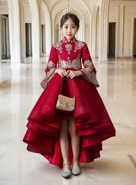 女童礼服高端新中式国风红色公主裙中式花童裙古筝琵琶燕尾演出服