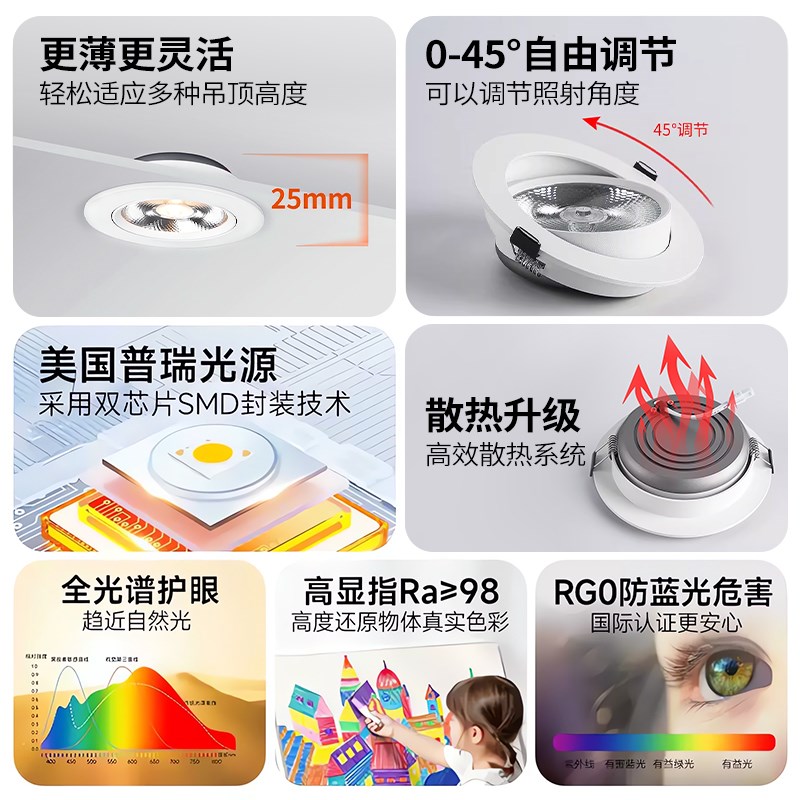 全光谱超薄led射灯嵌入式家用走廊天花孔灯商用展厅可调角度筒灯