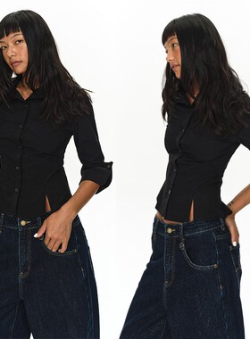 EMPTY PAGE黑色中袖短款衬衫