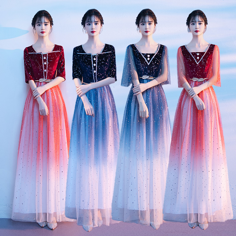大合唱团演出服女诗歌朗诵长裙红歌比赛宴会主持人气质星空晚礼服