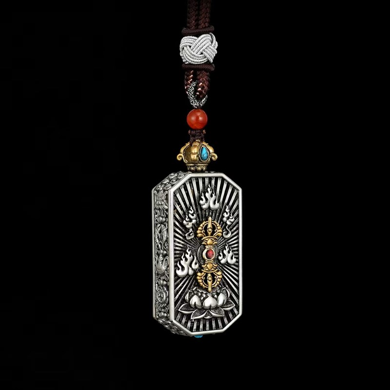 尼泊尔藏传九股金刚杵黄财天珠经吊坠手把件纯铜藏银法器精美挂件