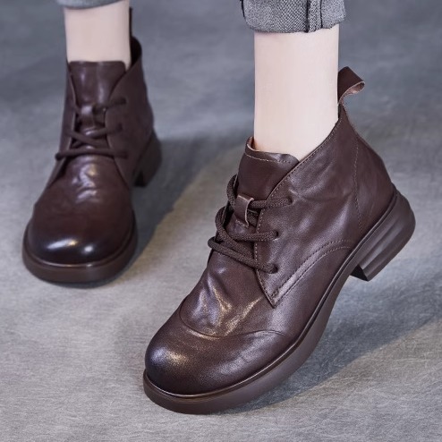 欧易金短靴女款马丁靴2025春秋新款圆头系带轻奢手抓纹牛皮单靴