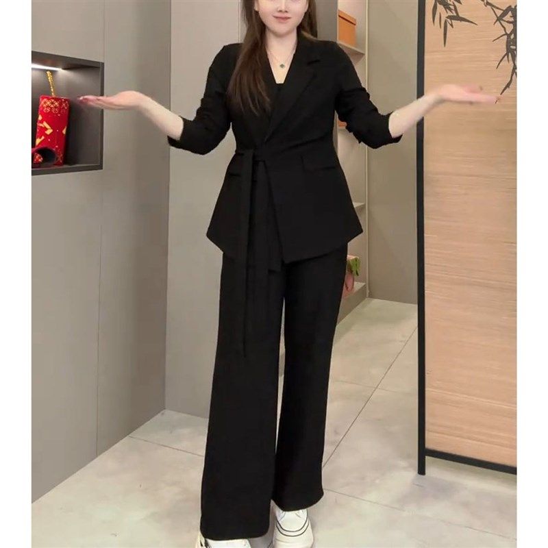 2025春季新款时尚大码宽松显瘦系带西装上衣高腰阔腿裤两件套装女,女装/女士精品,时尚套装,淘宝优惠券,粉丝福利购,淘宝优惠卷