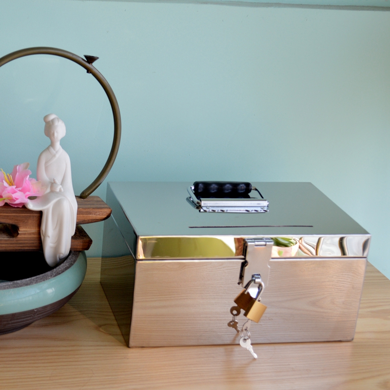 不锈钢储蓄罐带锁大号纸币存钱箱超市手提收银钱箱儿童防摔存钱罐