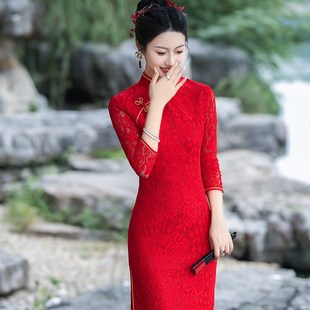 红色长旗袍外嫁女金花回娘家活动款中袖复古走秀宴会礼仪演出婚宴