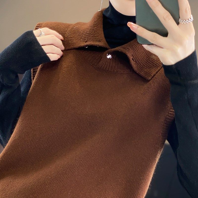 设计感翻领立领羊毛针织马甲女春秋2024新款宽松叠穿时尚毛衣背心
