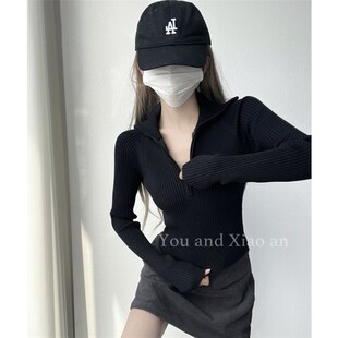 攻气盐系半拉链套头毛衣女早秋高领针织衫外穿内搭黑色甜酷短外套