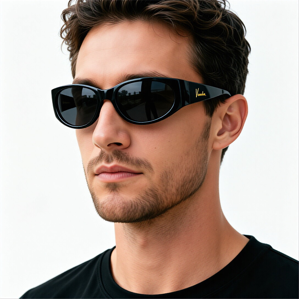 品牌男士偏光太阳镜椭圆黑色墨镜复古欧美Y2K时尚豹纹茶色太阳镜