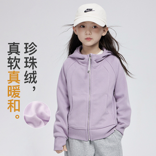 女童运动外套秋冬新款儿童修身长袖服加绒卫衣中大童连帽拉链开衫