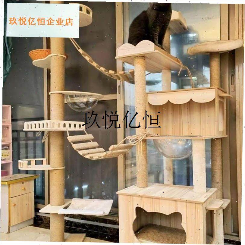实木桥梯两e用猫抓板猫咪蹬天爬梯桥梯麻绳可连接跳台猫窝磨爪神,