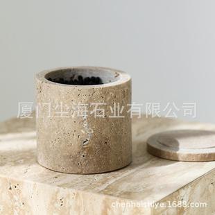 饰品 复古天然洞石带盖收纳盒设计摆件家居酒店桌面棉签盒储物罐装