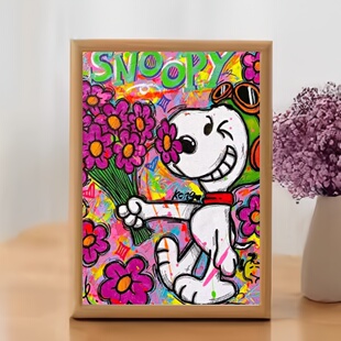 原创史努比举花油画棒原木色相框创意摆件卧室装饰