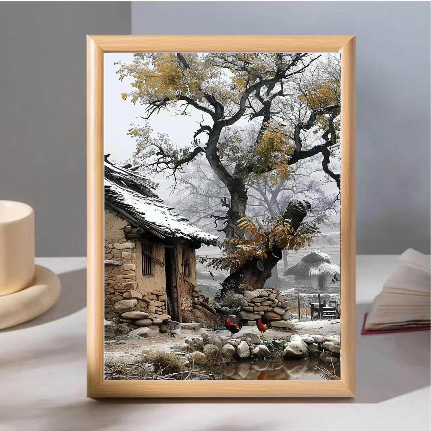 怀旧乡村生活雪中老房图案相框居家装饰摆台乡村田园风景画送长辈