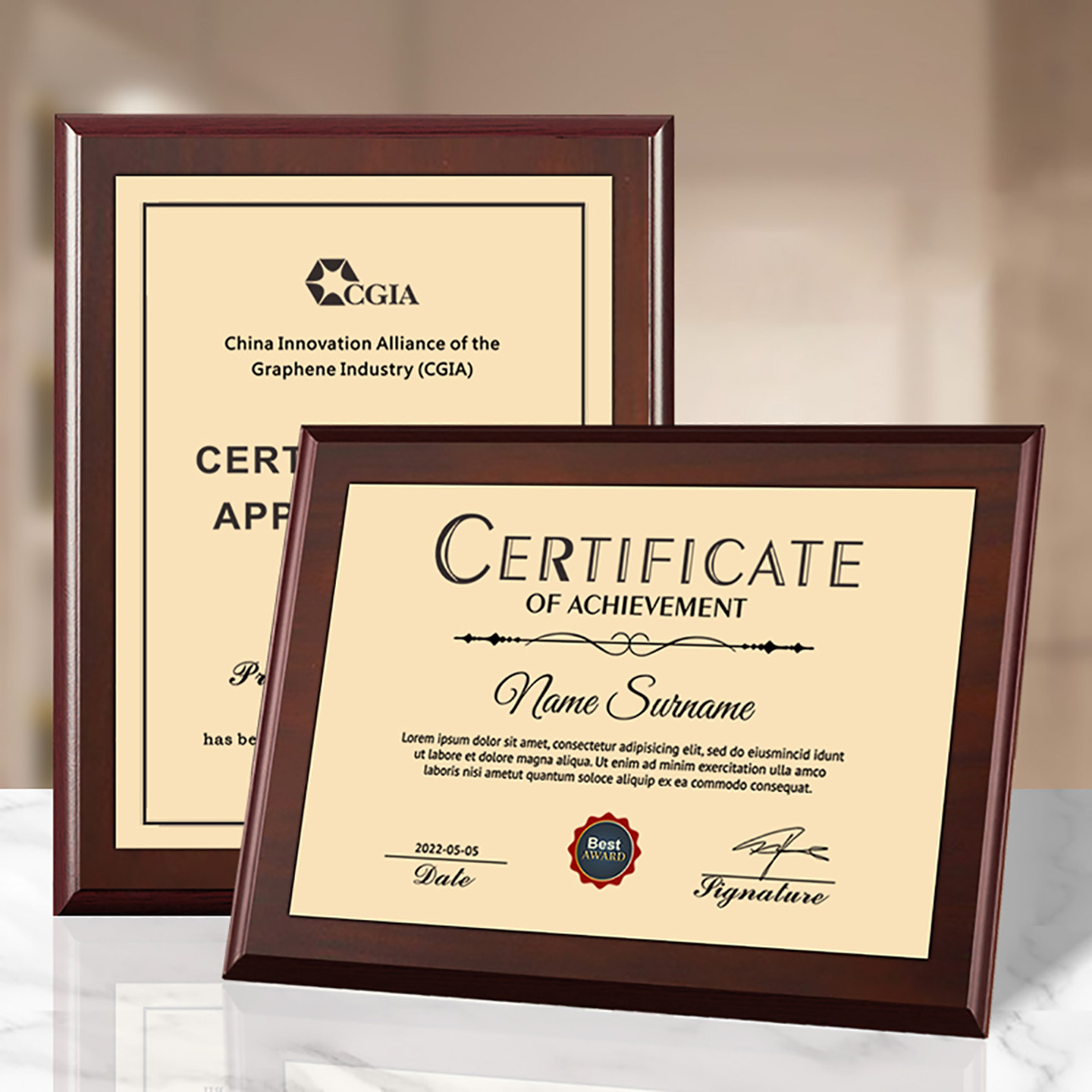 仿实木铜牌不锈钢金箔银箔奖牌授权牌水晶相框木托牌匾聘书定做