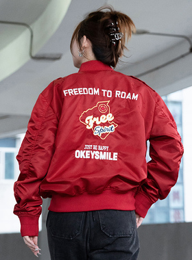 UOD红色美式飞行夹克男复古刺绣棒球服情侣款春秋季宽松工装外套